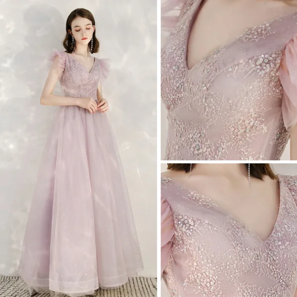 Elegante Pink Abendkleider 2020 A Linie V-Ausschnitt Ärmellos Applikationen Pailletten Glanz Tülle Lange Rüschen Rückenfreies Festliche Kleider