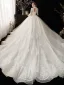 Style Chinois Ivoire Transparentes La Mariée Robe De Mariée 2020 Robe Boule Col Haut Gonflée Manches Longues Dos Nu Glitter Tulle Appliques En Dentelle Cathedral Train