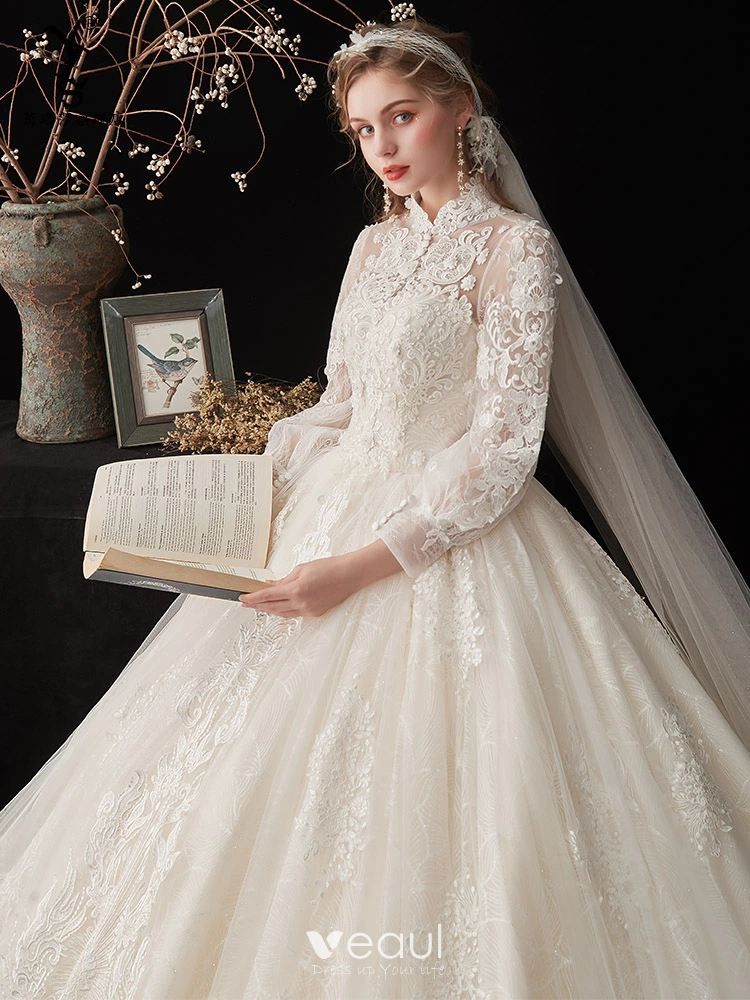 Chinese style Ivory See-through Bridal Wedding Dresses 2020 Ball Gown High  Neck Puffy Long Sleeve Backless Glitter Tulle Appliques Lace Cathedral Train