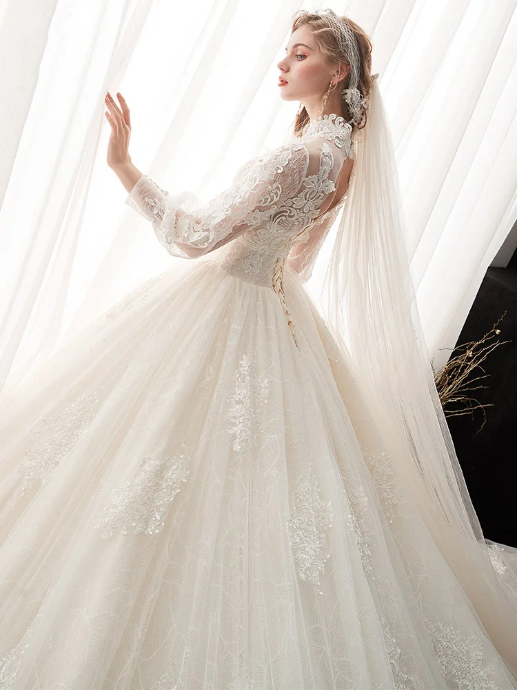 Chinese Style Ivory See-Through Bridal Wedding Dresses 2020 Ball Gown High Neck Puffy