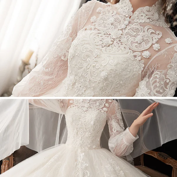Style Chinois Ivoire Transparentes La Mariée Robe De Mariée 2020 Robe Boule Col Haut Gonflée Manches Longues Dos Nu Glitter Tulle Appliques En Dentelle Cathedral Train