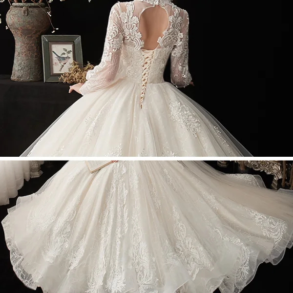 Style Chinois Ivoire Transparentes La Mariée Robe De Mariée 2020 Robe Boule Col Haut Gonflée Manches Longues Dos Nu Glitter Tulle Appliques En Dentelle Cathedral Train