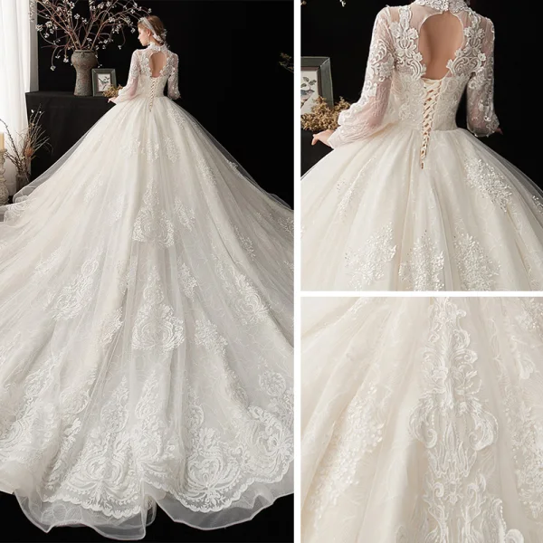 Style Chinois Ivoire Transparentes La Mariée Robe De Mariée 2020 Robe Boule Col Haut Gonflée Manches Longues Dos Nu Glitter Tulle Appliques En Dentelle Cathedral Train