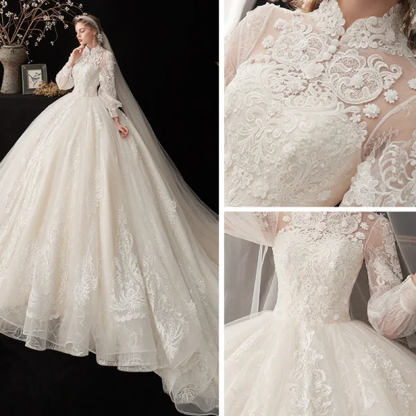 Style Chinois Ivoire Transparentes La Mariée Robe De Mariée 2020 Robe Boule Col Haut Gonflée Manches Longues Dos Nu Glitter Tulle Appliques En Dentelle Cathedral Train