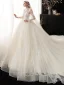 Style Victorien Champagne Transparentes La Mariée Robe De Mariée 2020 Robe Boule Col Haut Gonflée Manches Longues Dos Nu Glitter Tulle Appliques En Dentelle Perlage Cathedral Train Volants