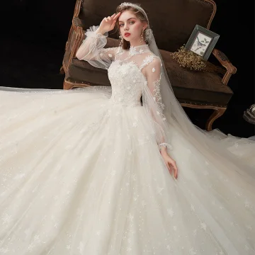 Victorian Style Champagne See Through Bridal Wedding Dresses 2020 Ball Gown High Neck Puffy Long Sleeve Backless Glitter Tulle Appliques Lace Beading Cathedral Train Ruffle