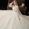 Victorian Style Champagne See-through Bridal Wedding Dresses 2020 Ball Gown High Neck Puffy Long Sleeve Backless Glitter Tulle Appliques Lace Beading Cathedral Train Ruffle