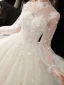 Style Victorien Champagne Transparentes La Mariée Robe De Mariée 2020 Robe Boule Col Haut Gonflée Manches Longues Dos Nu Glitter Tulle Appliques En Dentelle Perlage Cathedral Train Volants