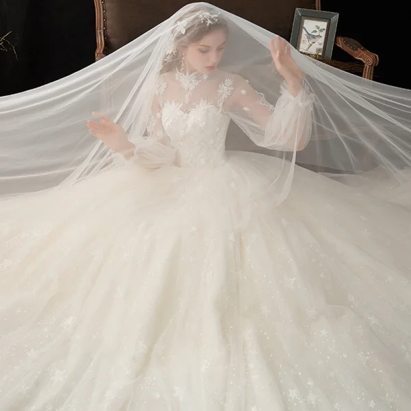 Style Victorien Champagne Transparentes La Mariée Robe De Mariée 2020 Robe Boule Col Haut Gonflée Manches Longues Dos Nu Glitter Tulle Appliques En Dentelle Perlage Cathedral Train Volants