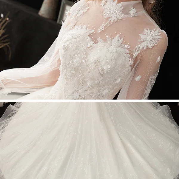 Style Victorien Champagne Transparentes La Mariée Robe De Mariée 2020 Robe Boule Col Haut Gonflée Manches Longues Dos Nu Glitter Tulle Appliques En Dentelle Perlage Cathedral Train Volants