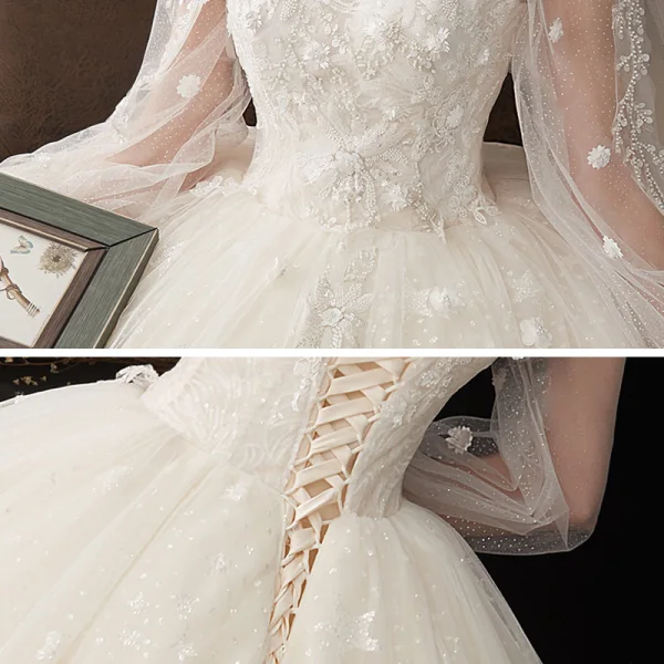 Style Victorien Champagne Transparentes La Mariée Robe De Mariée 2020 Robe Boule Col Haut Gonflée Manches Longues Dos Nu Glitter Tulle Appliques En Dentelle Perlage Cathedral Train Volants