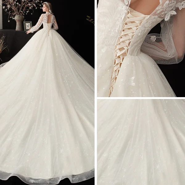 Style Victorien Champagne Transparentes La Mariée Robe De Mariée 2020 Robe Boule Col Haut Gonflée Manches Longues Dos Nu Glitter Tulle Appliques En Dentelle Perlage Cathedral Train Volants