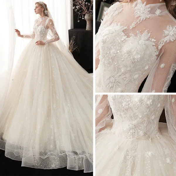 Style Victorien Champagne Transparentes La Mariée Robe De Mariée 2020 Robe Boule Col Haut Gonflée Manches Longues Dos Nu Glitter Tulle Appliques En Dentelle Perlage Cathedral Train Volants