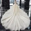 Vintage / Originale Champagne Transparentes La Mariée Robe De Mariée 2020 Robe Boule Col Haut Sans Manches Dos Nu Perlage Appliques En Dentelle Paillettes Cathedral Train Volants