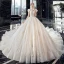 Vintage / Originale Champagne Transparentes La Mariée Robe De Mariée 2020 Robe Boule Col Haut Sans Manches Dos Nu Perlage Appliques En Dentelle Paillettes Cathedral Train Volants