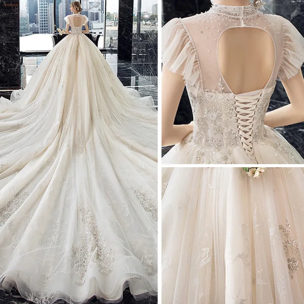 Vintage / Originale Champagne Transparentes La Mariée Robe De Mariée 2020 Robe Boule Col Haut Sans Manches Dos Nu Perlage Appliques En Dentelle Paillettes Cathedral Train Volants