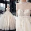 Vintage / Originale Champagne Transparentes La Mariée Robe De Mariée 2020 Robe Boule Col Haut Sans Manches Dos Nu Perlage Appliques En Dentelle Paillettes Cathedral Train Volants