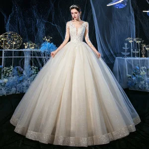 Luxury Gorgeous Champagne See Through Outdoor Garden Wedding Dresses 2020 Ball Gown V Neck 3 4 Sleeve Backless Appliques Lace Beading Glitter Tulle Floor Length Long Ruffle