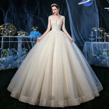 Luxury Gorgeous Champagne See Through Outdoor Garden Wedding Dresses 2020 Ball Gown V Neck 3 4 Sleeve Backless Appliques Lace Beading Glitter Tulle Floor Length Long Ruffle