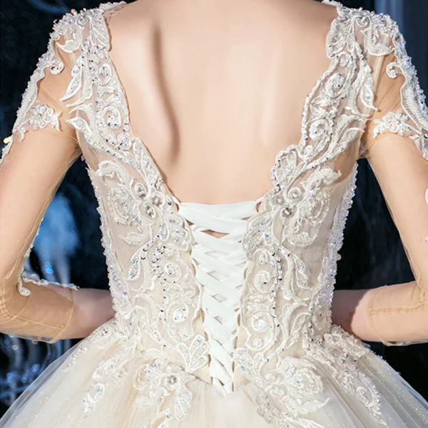 Luxury / Gorgeous Champagne See-through Outdoor / Garden Wedding Dresses 2020 Ball Gown V-Neck 3/4 Sleeve Backless Appliques Lace Beading Glitter Tulle Floor-Length / Long Ruffle