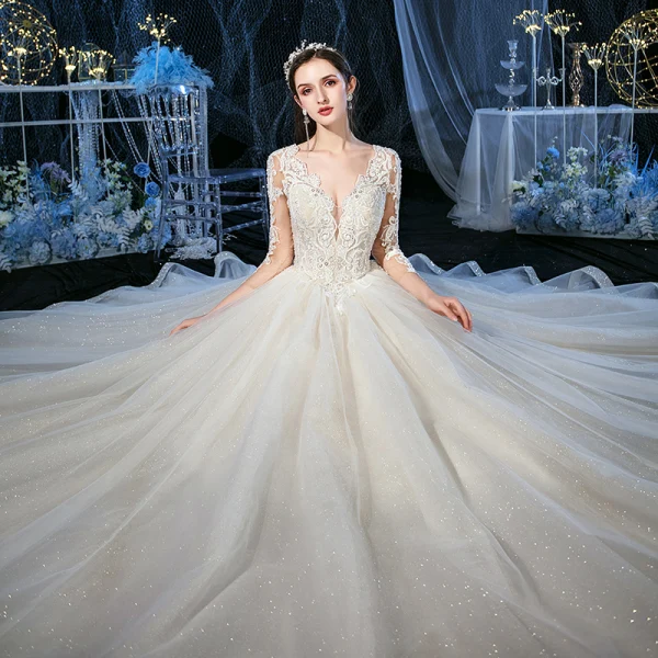 Luxury / Gorgeous Champagne See-through Outdoor / Garden Wedding Dresses 2020 Ball Gown V-Neck 3/4 Sleeve Backless Appliques Lace Beading Glitter Tulle Floor-Length / Long Ruffle