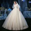 Luxury / Gorgeous Champagne See-through Outdoor / Garden Wedding Dresses 2020 Ball Gown V-Neck 3/4 Sleeve Backless Appliques Lace Beading Glitter Tulle Floor-Length / Long Ruffle