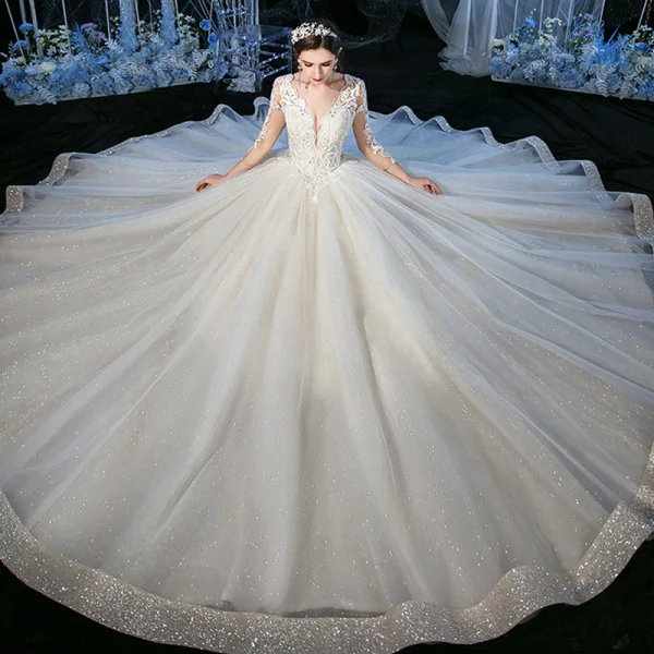 Luxury / Gorgeous Champagne See-through Outdoor / Garden Wedding Dresses 2020 Ball Gown V-Neck 3/4 Sleeve Backless Appliques Lace Beading Glitter Tulle Floor-Length / Long Ruffle