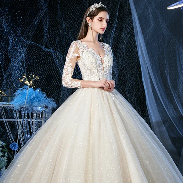 Luxury / Gorgeous Champagne See-through Outdoor / Garden Wedding Dresses 2020 Ball Gown V-Neck 3/4 Sleeve Backless Appliques Lace Beading Glitter Tulle Floor-Length / Long Ruffle