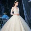 Luxury / Gorgeous Champagne See-through Outdoor / Garden Wedding Dresses 2020 Ball Gown V-Neck 3/4 Sleeve Backless Appliques Lace Beading Glitter Tulle Floor-Length / Long Ruffle