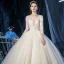 Luxury / Gorgeous Champagne See-through Outdoor / Garden Wedding Dresses 2020 Ball Gown V-Neck 3/4 Sleeve Backless Appliques Lace Beading Glitter Tulle Floor-Length / Long Ruffle