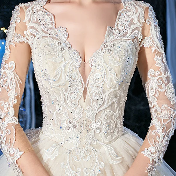 Luxury / Gorgeous Champagne See-through Outdoor / Garden Wedding Dresses 2020 Ball Gown V-Neck 3/4 Sleeve Backless Appliques Lace Beading Glitter Tulle Floor-Length / Long Ruffle