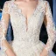 Luxury / Gorgeous Champagne See-through Outdoor / Garden Wedding Dresses 2020 Ball Gown V-Neck 3/4 Sleeve Backless Appliques Lace Beading Glitter Tulle Floor-Length / Long Ruffle