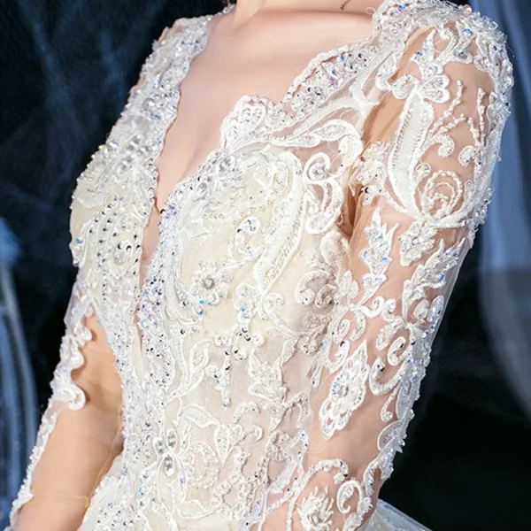 Luxury / Gorgeous Champagne See-through Outdoor / Garden Wedding Dresses 2020 Ball Gown V-Neck 3/4 Sleeve Backless Appliques Lace Beading Glitter Tulle Floor-Length / Long Ruffle