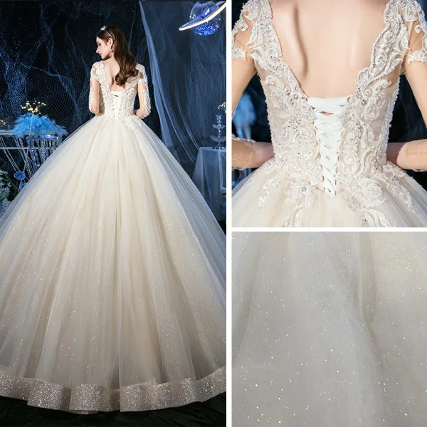 Luxury / Gorgeous Champagne See-through Outdoor / Garden Wedding Dresses 2020 Ball Gown V-Neck 3/4 Sleeve Backless Appliques Lace Beading Glitter Tulle Floor-Length / Long Ruffle