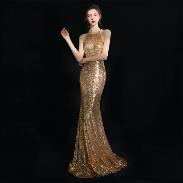 Sparkly Gold Evening Dresses 2019 Trumpet / Mermaid Halter Sleeveless ...