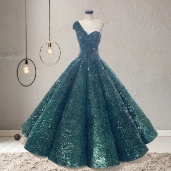 Sparkly Dark Green Sequins Dancing Prom Dresses 2023 Ball Gown One Shoulder Sleeveless Floor Length Long Ruffle Backless Formal Dresses