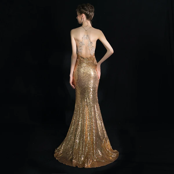 Scintillantes Doré Robe De Soirée 2019 Trompette / Sirène Titulaire Sans Manches Glitter Paillettes Longue Volants Dos Nu Robe De Ceremonie