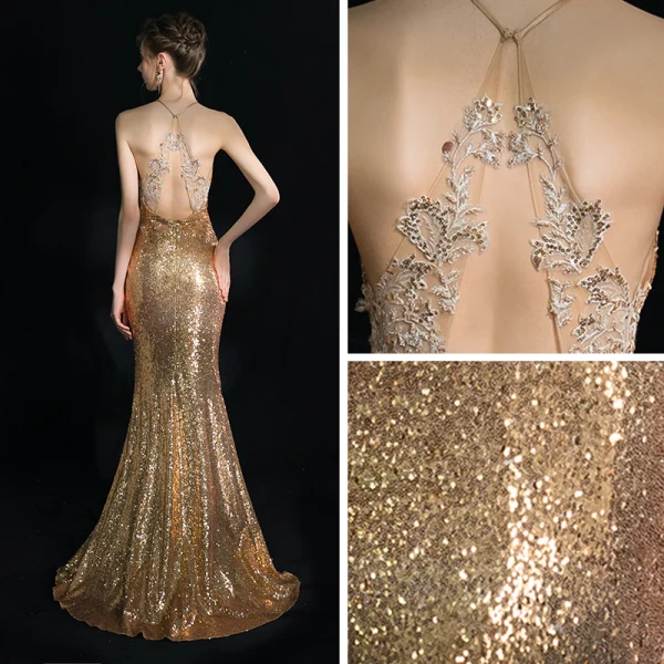 Scintillantes Doré Robe De Soirée 2019 Trompette / Sirène Titulaire Sans Manches Glitter Paillettes Longue Volants Dos Nu Robe De Ceremonie