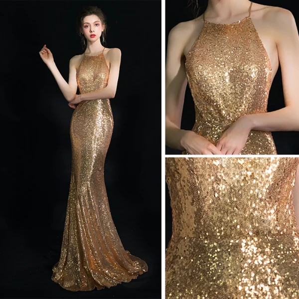 Scintillantes Doré Robe De Soirée 2019 Trompette / Sirène Titulaire Sans Manches Glitter Paillettes Longue Volants Dos Nu Robe De Ceremonie