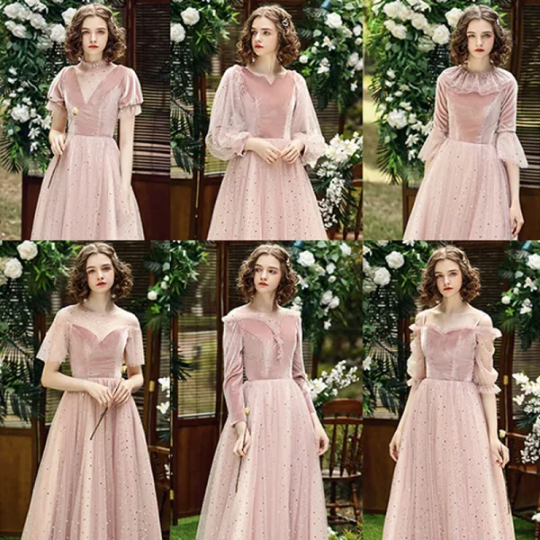 Affordable Pearl Pink Suede Winter Bridesmaid Dresses 2020 A-Line / Princess Star Sequins Floor-Length / Long Ruffle Backless Wedding Party Dresses