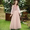 Affordable Pearl Pink Suede Winter Bridesmaid Dresses 2020 A-Line / Princess Star Sequins Floor-Length / Long Ruffle Backless Wedding Party Dresses