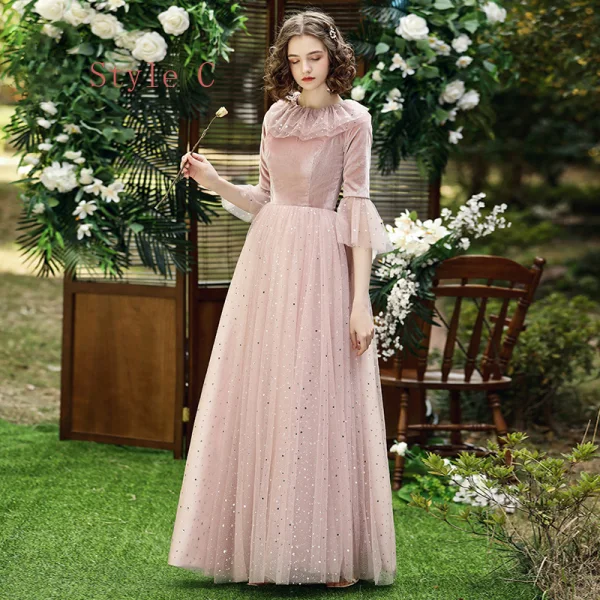 Affordable Pearl Pink Suede Winter Bridesmaid Dresses 2020 A-Line /  Princess Star Sequins Floor-Length / Long