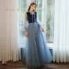 Affordable Ocean Blue Suede Winter Bridesmaid Dresses 2020 A-Line / Princess Sash Star Sequins Floor-Length / Long Ruffle Backless Wedding Party Dresses