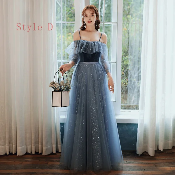 sea blue bridesmaid dresses Cowl Neck Tea Length Baby Blue Bridesmaid Dress with Slit – FancyVestido