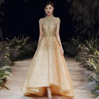 Vintage Retro Gold Evening Dresses 2020 A Line Princess High Neck Short Sleeve Handmade Beading Sweep Train Ruffle Formal Dresses
