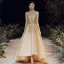 Vintage / Retro Gold Evening Dresses  2020 A-Line / Princess High Neck Short Sleeve Handmade  Beading Sweep Train Ruffle Formal Dresses