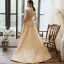 Vintage / Retro Gold Evening Dresses  2020 A-Line / Princess High Neck Short Sleeve Handmade  Beading Sweep Train Ruffle Formal Dresses