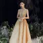 Vintage / Retro Gold Evening Dresses  2020 A-Line / Princess High Neck Short Sleeve Handmade  Beading Sweep Train Ruffle Formal Dresses