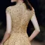Vintage / Retro Gold Evening Dresses  2020 A-Line / Princess High Neck Short Sleeve Handmade  Beading Sweep Train Ruffle Formal Dresses