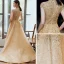 Vintage / Retro Gold Evening Dresses  2020 A-Line / Princess High Neck Short Sleeve Handmade  Beading Sweep Train Ruffle Formal Dresses